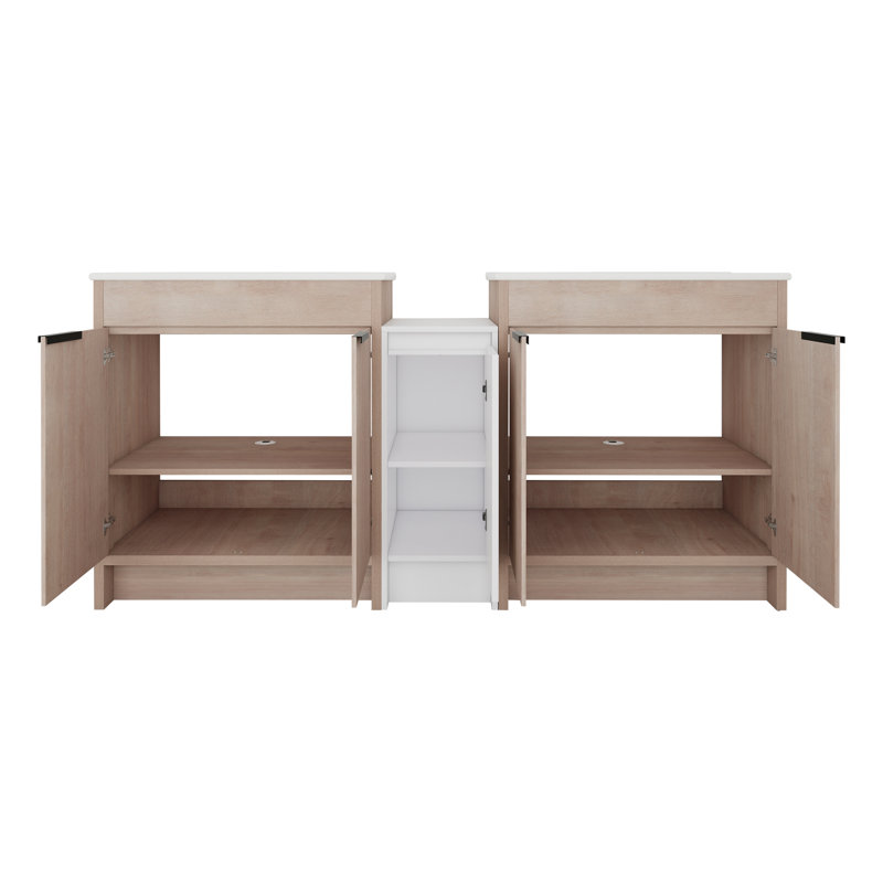 De meuble-lavabo double autoportant en céramique avec deux unités de rangement et un système de porte à fermeture en douceur