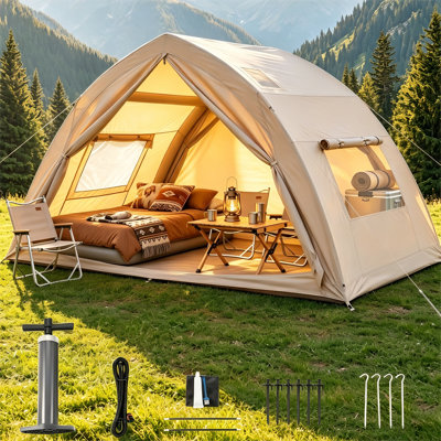Inflatable Glamping Tent for 6-8 Adults, 11.5FT Air Beam Blow Up Camping Tent with Hand Pump, Waterproof Oxford Fabric, 2 Doors 2 Windows, Large Family Tent with Ground Stakes & Wind Ropes, Beige