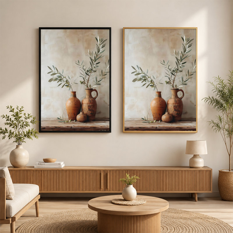 Olive, branches, vases rustiques, nature morte, art mural sur toile avec cadre flottant, prêt à être accroché, 20x30in, Doré