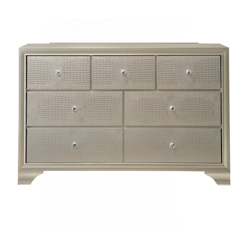 1Pc Modern Glam Style Champagne Finish Glam Seven Drawer Dresser Embossed Crocodile Pattern Wooden Bedroom Furniture