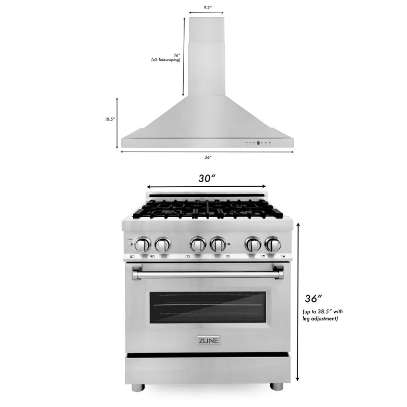 2 Piece Kitchen Package with 30" Freestanding Dual Fuel Range & 30" Wall Mount Range Hood, Stainless Steel