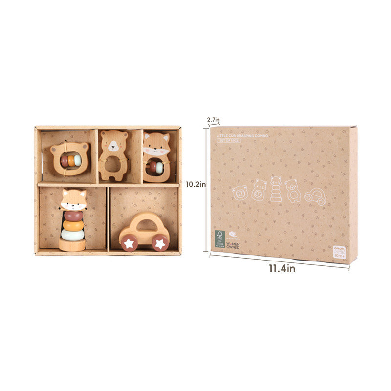 Freniland - Ensemble de hochet en bois pour bébé de 10 ans et plus, ensemble de 5 jouets Fox Koala avec brun