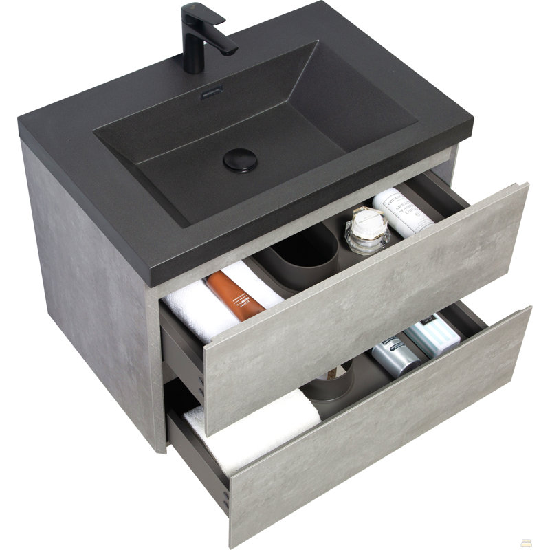 Meuble-lavabo flottant de 30 po avec lavabo, armoire de rangement murale avec lavabo à quartz noir et tiroirs à fermeture en douceur entièrement assemblés