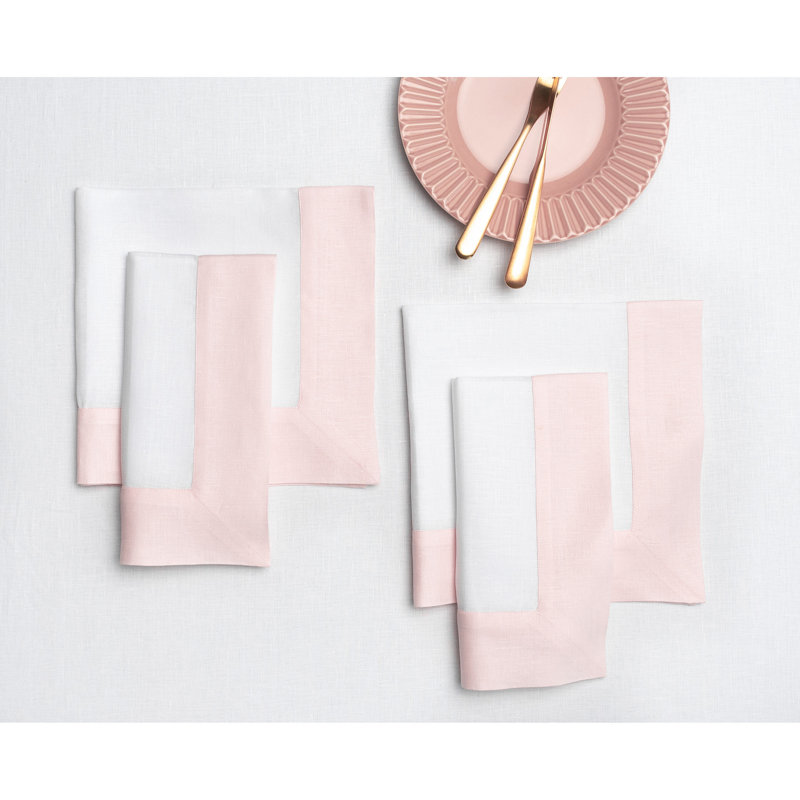 Contempo - 100% Pure Linen Dinner Napkins, Blush Pink/White