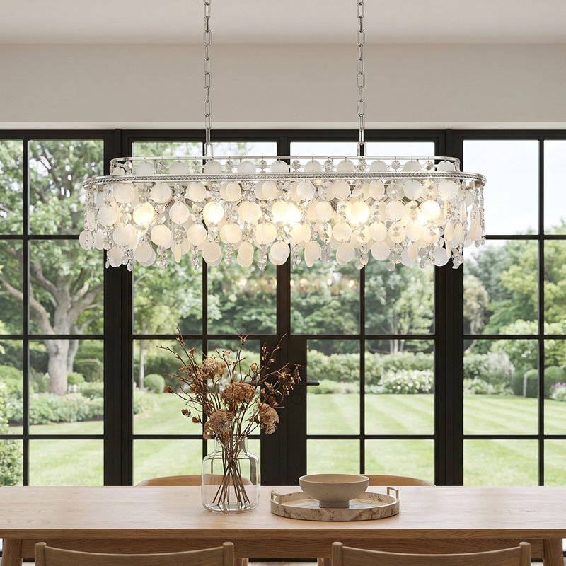 Lustre linéaire à 10 niveaux en nickel poli naturel Capiz pour îlot de cuisine