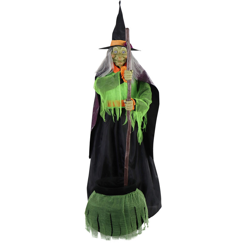 72-Inch Green and Black Animated Halloween Witch with Cauldron