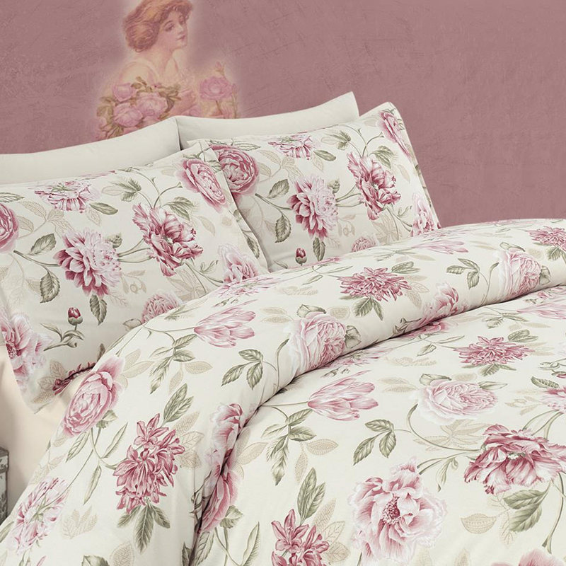 Single Quilt Cover Set, Pink, Cream & Green, 53.1 x 78.7 inches | 65% Cotton / 35% Polyester, Machine Washable at 30°C, 120 Thread Count | Duvet with Button Closure & Envelope Pillowcase | Soft & Stylish Bedding