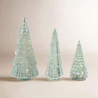 3-Piece Lighted Green Mercury Glass Tree Set