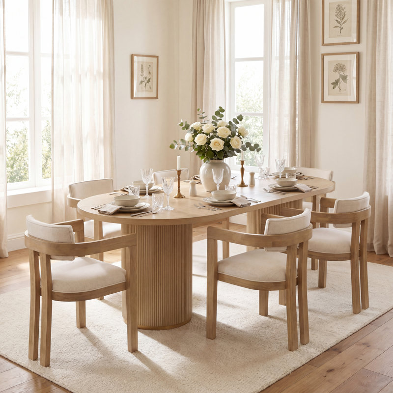 Ensemble de table de salle à manger 6 personnes Lyddia avec chaises rembourrées et base à double caisson cannelé, Light Ash