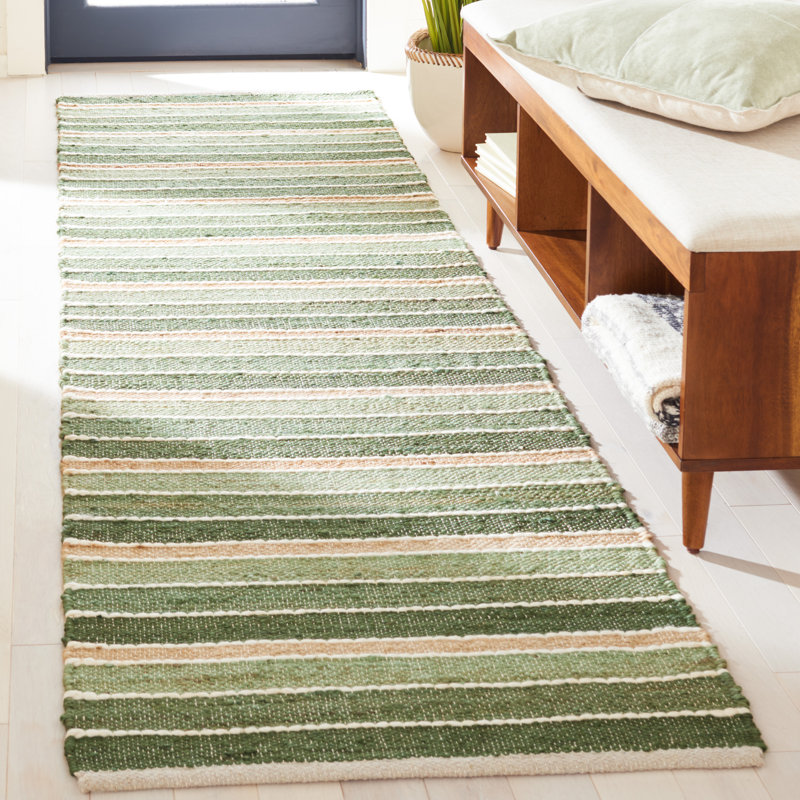 Geissler Hand Woven Jute/Cotton/Wool Striped Rug in Green/Natural, Runner 2'3" x 8'