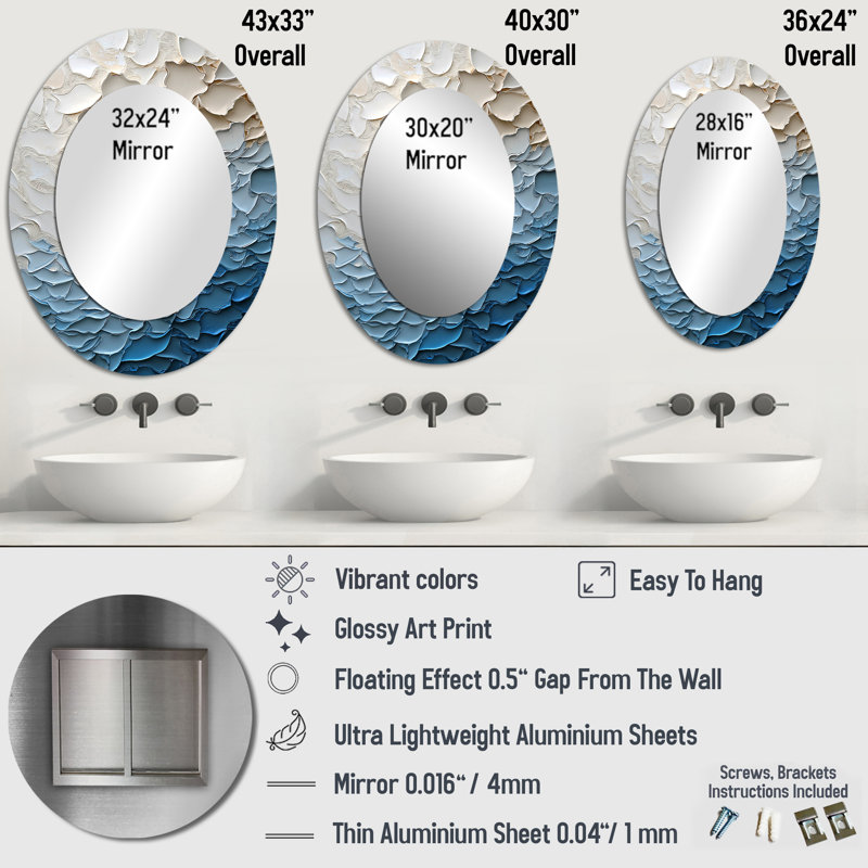 White And Blue Coastal Mosaic V - Large Oval Wall Mirror On Metal, 40" x 30"