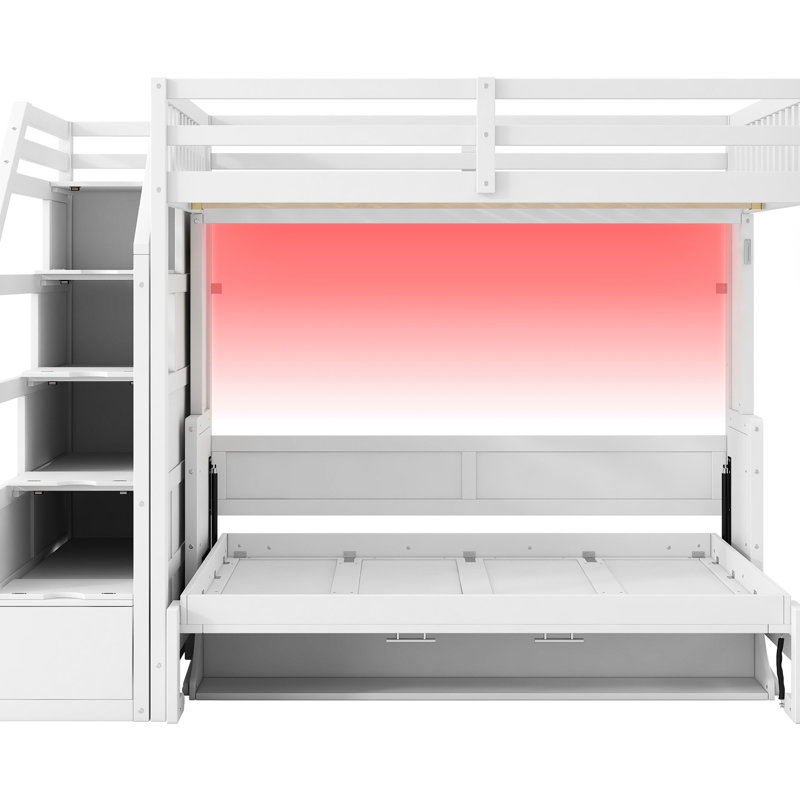 Lit mezzanine double blanc avec escalier de rangement, lit, éclairage à DEL et structure pour poids lourds avec éclairage, pour économiser de l'espace