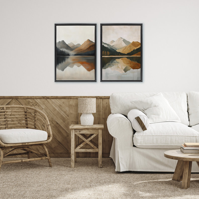 Ensemble de cadres flottants 2 pièces Terracotta Reflections Mountains and Lake, design par Petal Prints Design