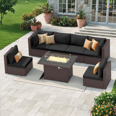 7-Piece Outdoor Furniture Set with Fire Pit Patio Wicker Conversation Set Cushions
