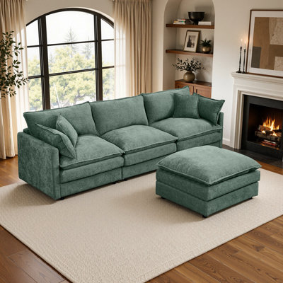 102'' Wide L-Shaped Living room sofa, Modular Sectional Sofa, 4 Seater Sofa Comfy Cloud Couch Chenille Upholstered Sofa with Ottoman,Green