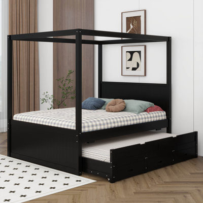 Lit à baldaquin avec lit gigogne et tiroirs de rangement, cadre de lit plateforme en bois massif avec tête de lit
