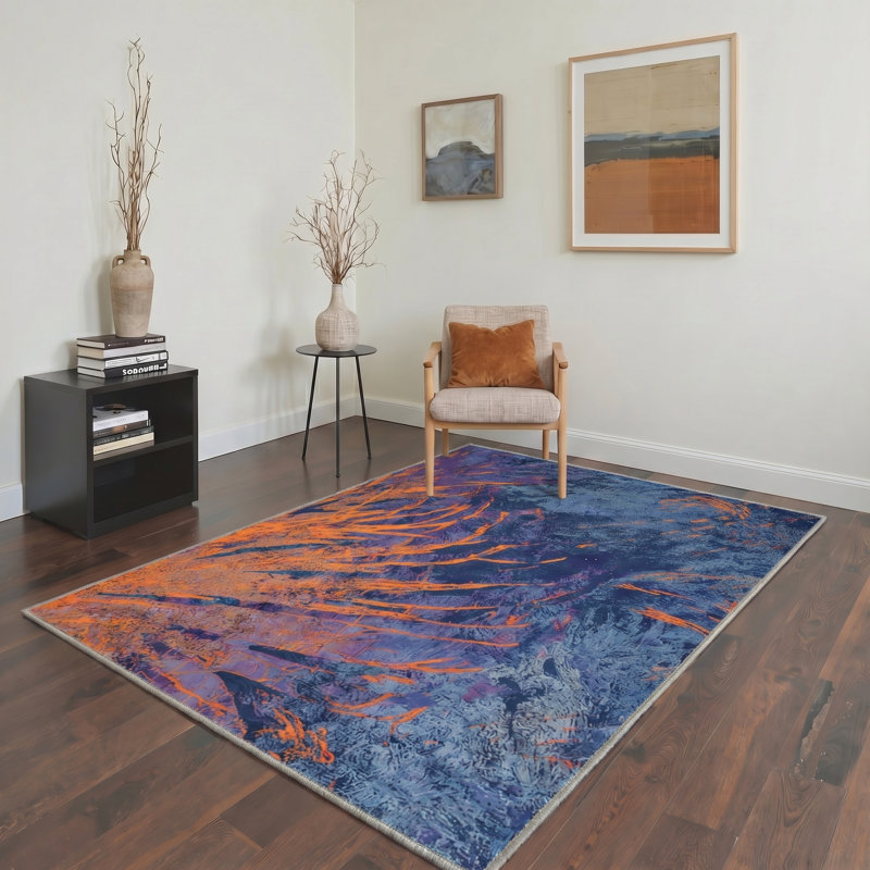 Tonicka Aura Modern Machine Washable Blue / Orange Indoor Area Rug with Non-Slip Backing, Rectangle 8' x 10'