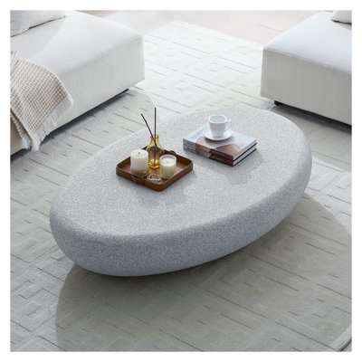 55.12'' Vintage Fiberglass Elliptical Coffee Table - Rock Grey Living Room Center Table with Matte Rocks Surface, No Assembly Required Irregular Coffee Table
