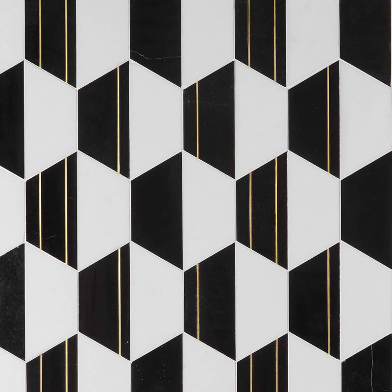 Fuse 6" Hexagon Polished Marble And Brass Inlay Mosaic, Nero/Brass