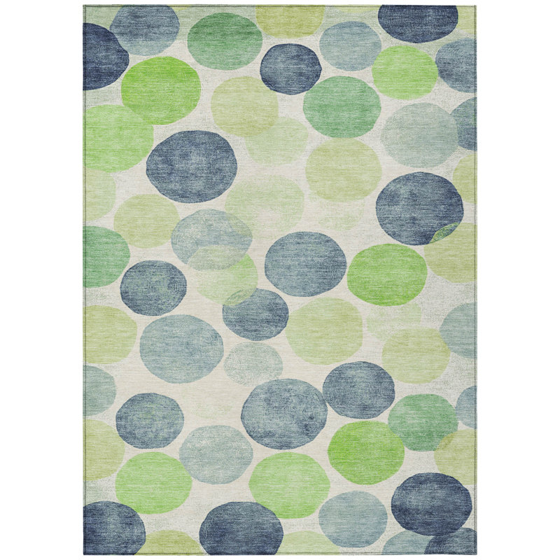 3' X 5' Navy Blue Lime Green And Ivory Geometric Washable Indoor Outdoor Area Rug