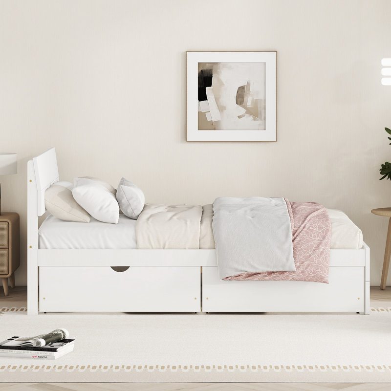 Modern Bed Frame With 2 Drawers For  High Gloss Headboard And Footboard With, Creamy