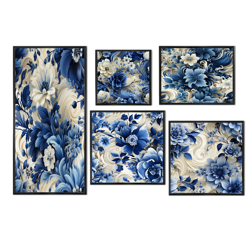 Stamford - Ensemble de 5 impressions murales florales, Cadre flottant noir