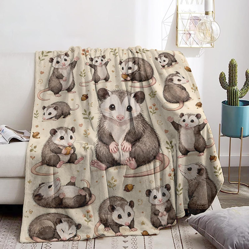 Couverture en flanelle à motif floral mignon et animal, motif opossum, 101,6 x 127 cm, L 9,84 po x l 11,84 po