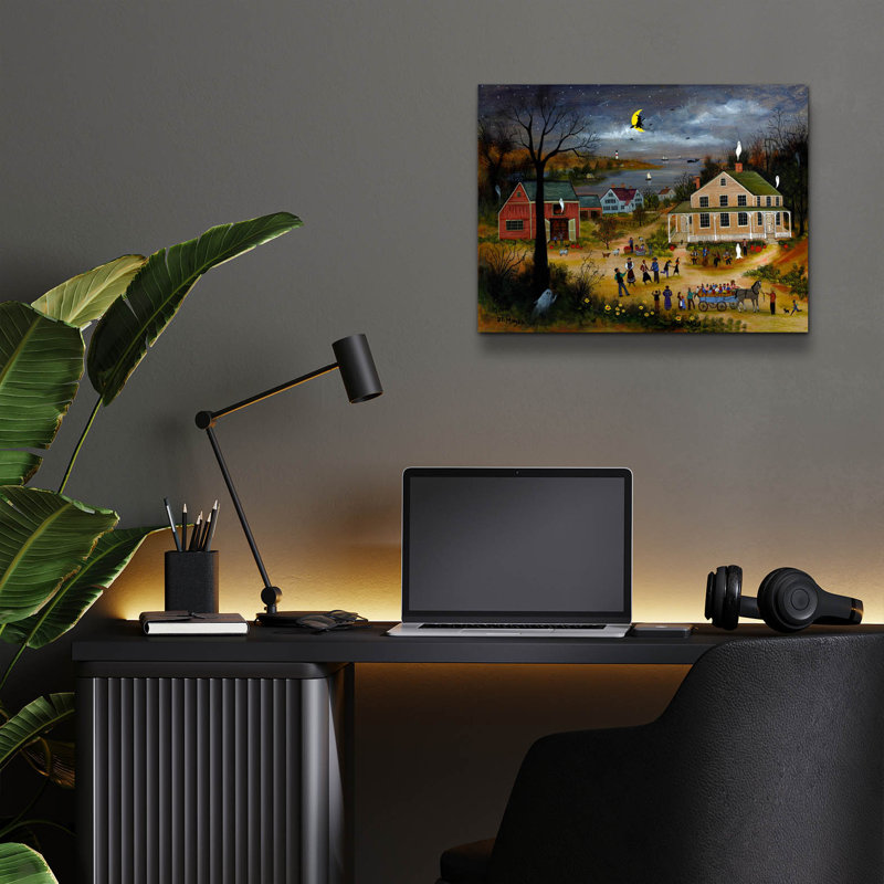 Art mural en verre épique «Halloween Night On The Lake» par JL Munro, 16 po x 12 po