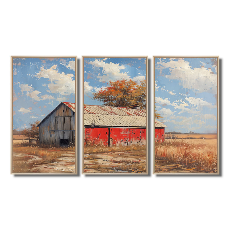 Red Grey Summer Barn Breeze " Red Grey Summer Barn Breeze " 3 - Pieces, Cadre naturel flottant, H 28 po x l 36 po