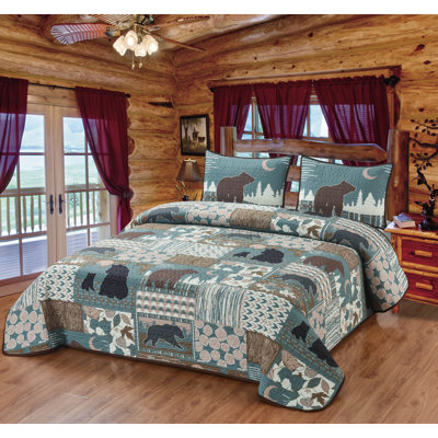Timberland Bear Patchwork Boho Forest Nature Theme Country Cabin Lodge Decorative Quilt Bedding Set