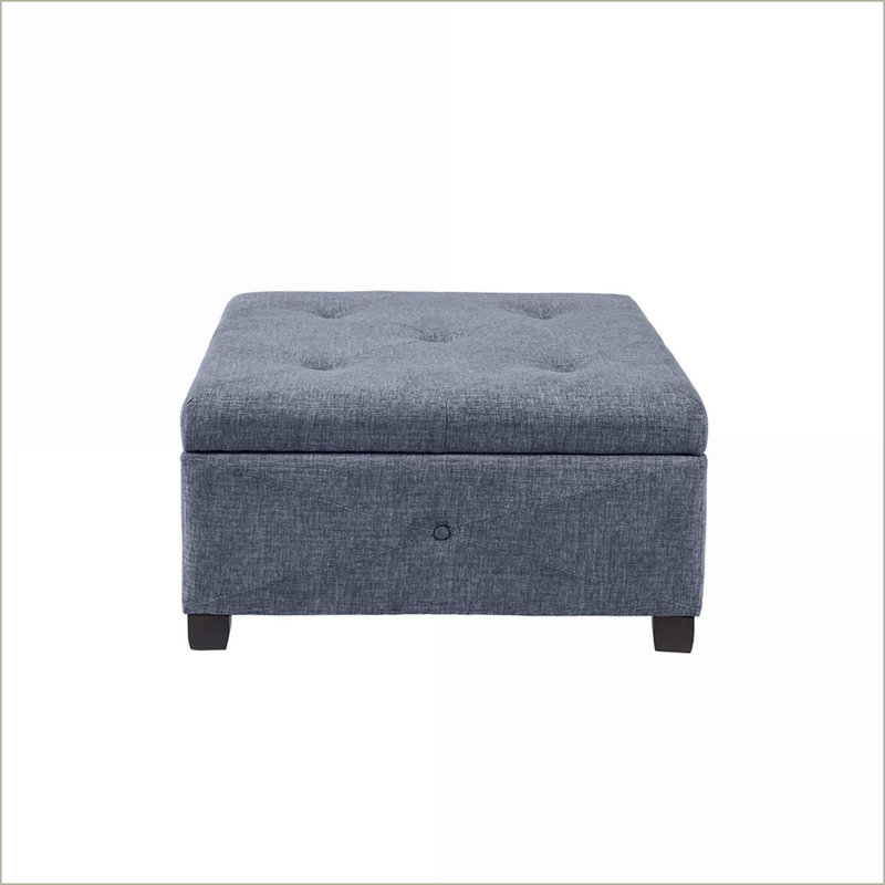 Repose-pieds avec rangement à fermeture en douceur, polyester sable, capitonné | Pieds en bois brun foncé | Cadre en bois massif