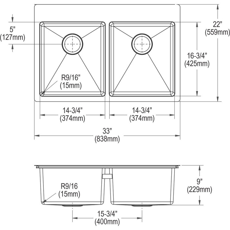 Crosstown Stainless Steel 33" L x 22" W Double Basin Dual Mount Kitchen Sink, 4 Hole, Design 1