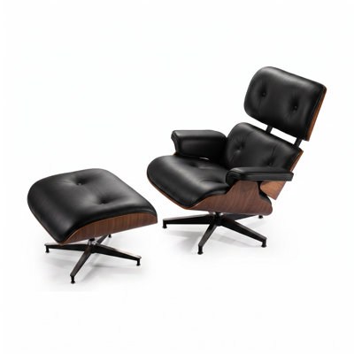 Mid-Century Top Grain Leather Swivel Lounge Chair with Ottoman, Double-Sided Wood Shell and Aluminum Base