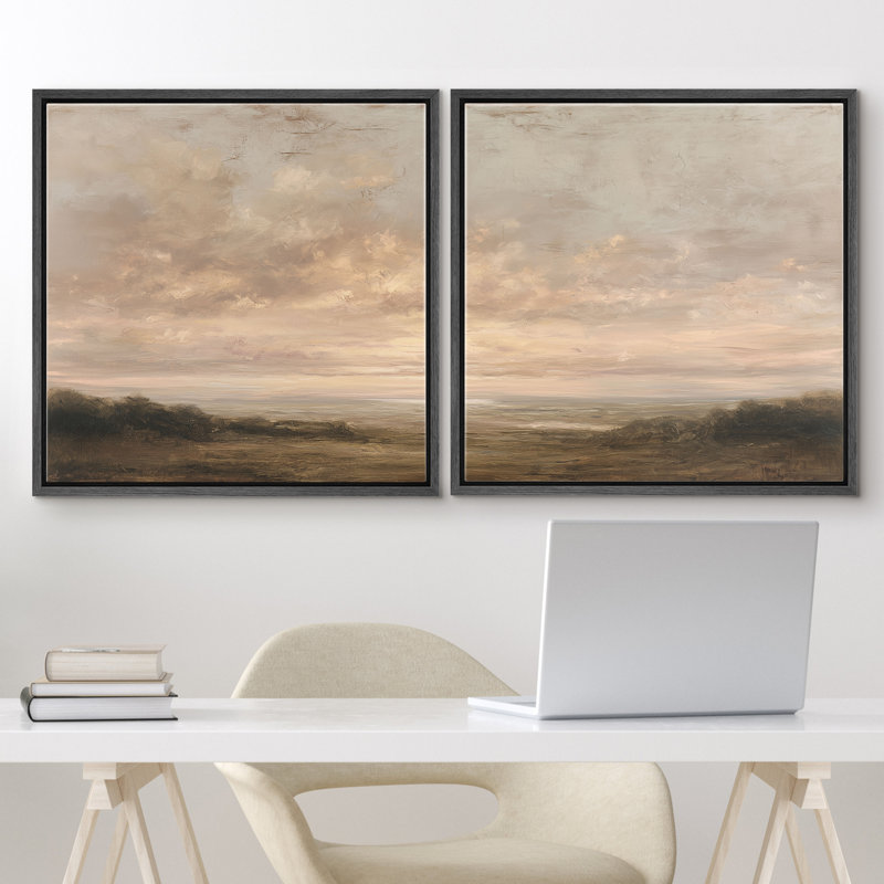 «Calm Neutral Sunset Cloudy Sky Landscape Decor», œuvre d'art encadrée pour chambre principale, 2 pièces, H 24 po x l 24 po