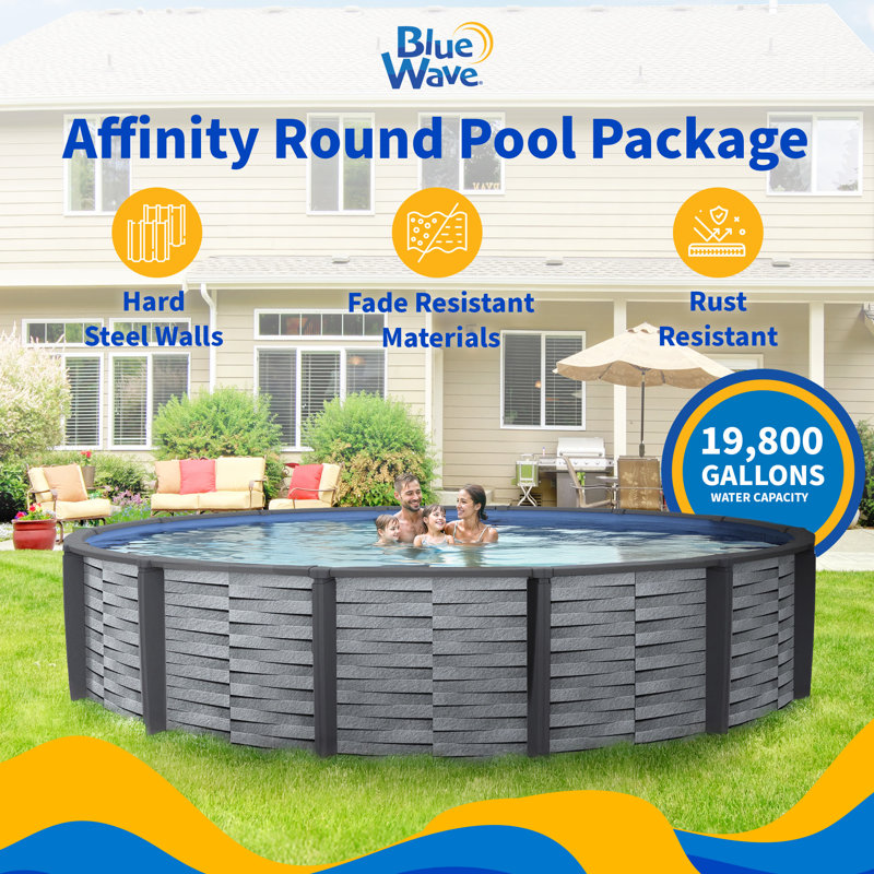 Blue Wave Affinity 30-ft Round 52-In Deep Above Ground Swimming Pool – With Steel Wall, Resin Top Rails, Sand Filter, Skimmer, Pool Liner, A-Frame Ladder & Maintenance Kit – Complete Pool Accessories
