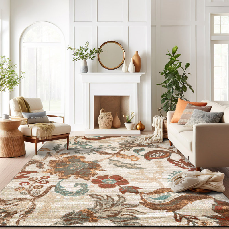 Tapis beige multicolore à volutes botaniques, Rectangle 7 pi 10 po x 10 pi