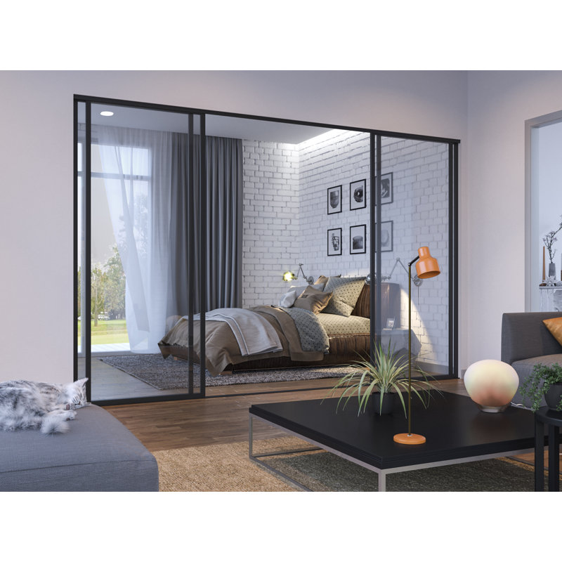 Cloison 4 panneaux coulissants en verre transparent - structure en aluminium avec technologie Silent Glide, 96 po x 80 po