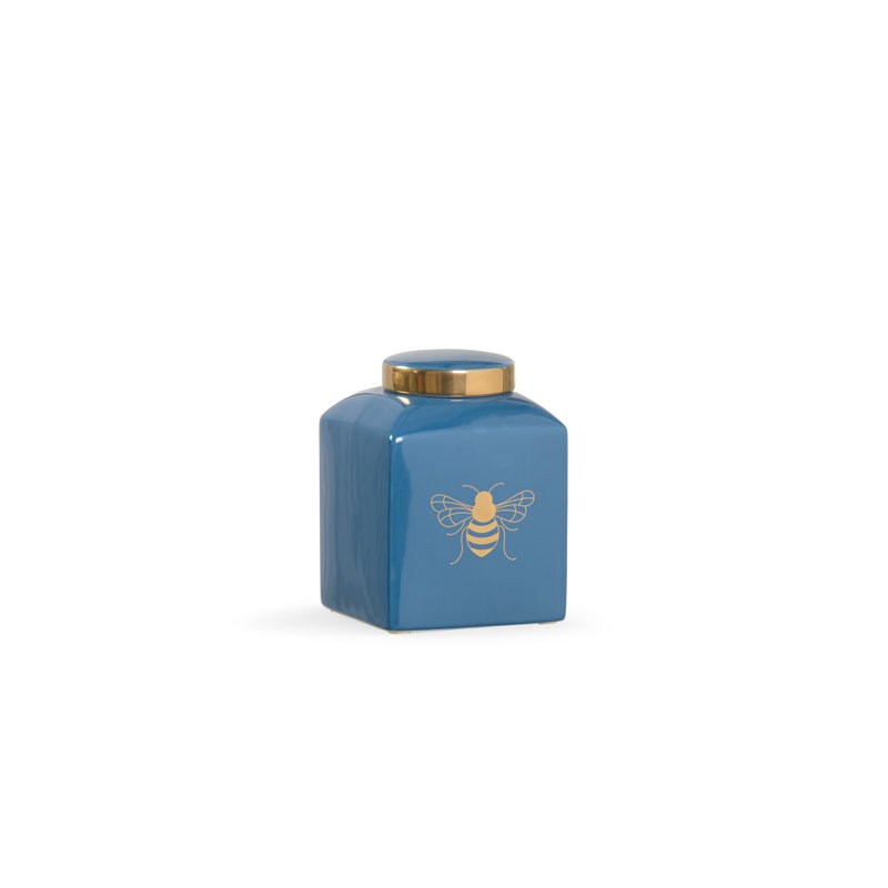 Ceramic Jar, Blue/Gold, 9.5" H x 7" W x 7" D