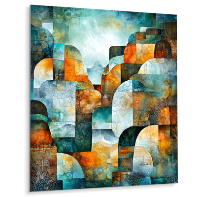 «Green Orange Prismatic Maze II - Collages abstraits, impression sur métal moderne
