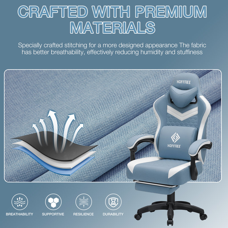 Fauteuil inclinable ergonomique en tissu et jeu de course avec coussin lombaire vibrant, Bleu
