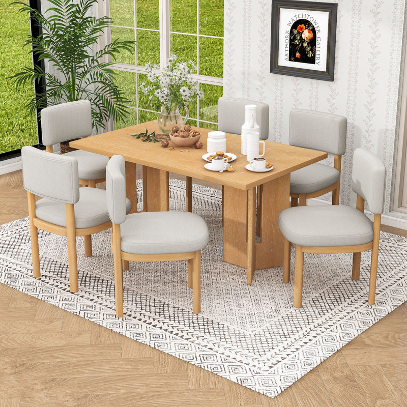 Ensemble de table de salle à manger 7 pièces en bois avec table rectangulaire et 6 chaises rembourrées, Naturel, Naturel