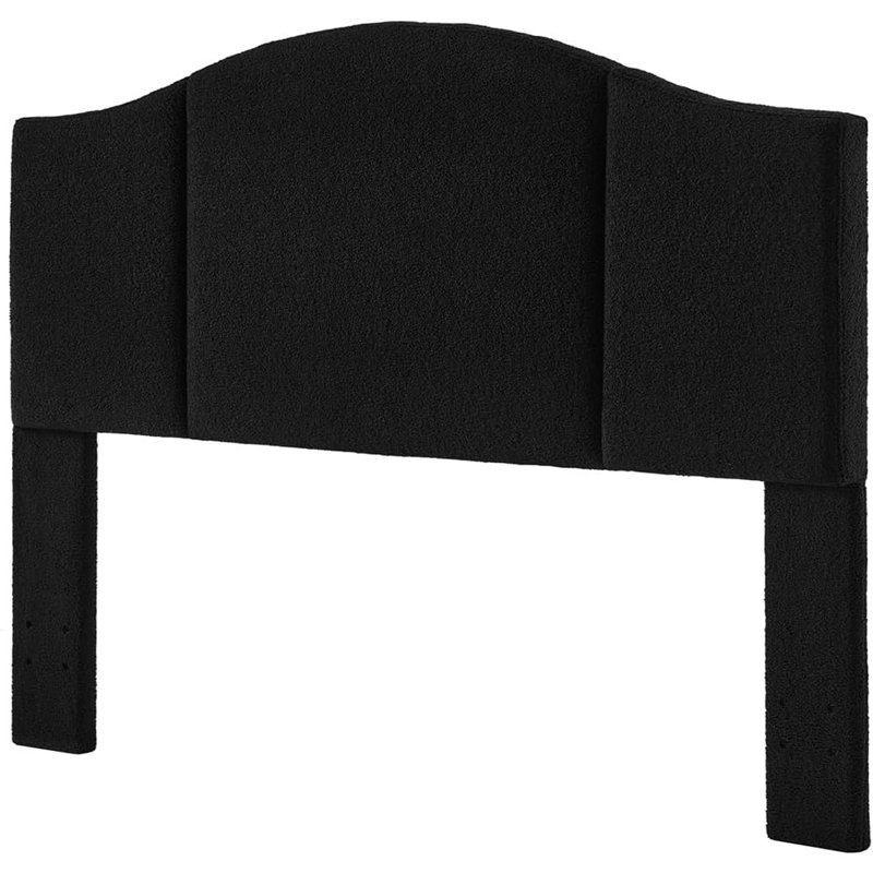 Upholstered Soft Teddy Fabric Queen Headboard – Black Modern Wave-Top Design, Plush Contemporary Bedroom Style, Black, Queen
