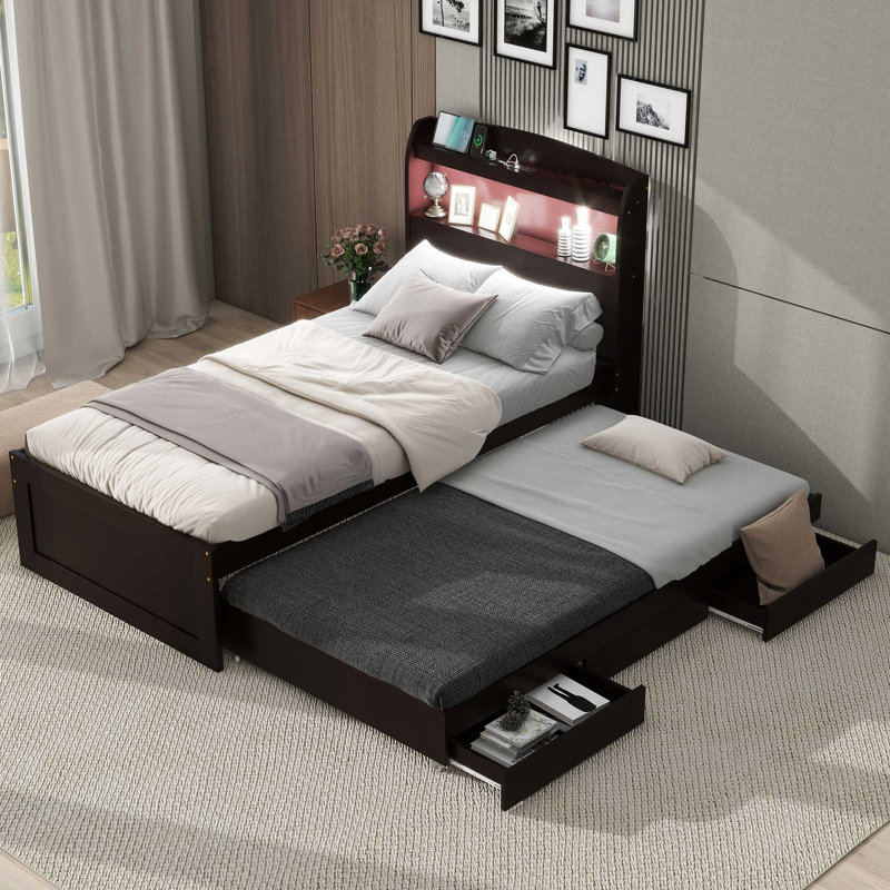Twin XL Platform Bed with Storage LED Headboard, Charging Station, Twin Trundle & 2 Drawers, Solid Pine Frame, No Box Spring