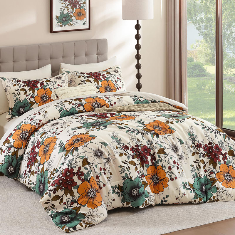 7-Piece Floral Comforter Set, All Season Microfiber Bed in a Bag with Sheet Pillowcases & Pillowshams, Brown/Beige Floral