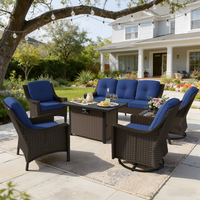 7-piece Outdoor Wicker Patio Conversation Set With 43" 50,000 Btu Gas Fire Pit Table, Swivel Rocking Chairs, Tempered Glass Side Tables & Csa Certification