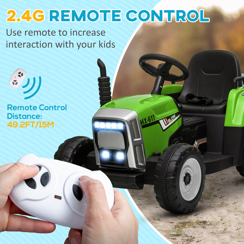Green 12V Electric Ride-On Tractor with Trailer
