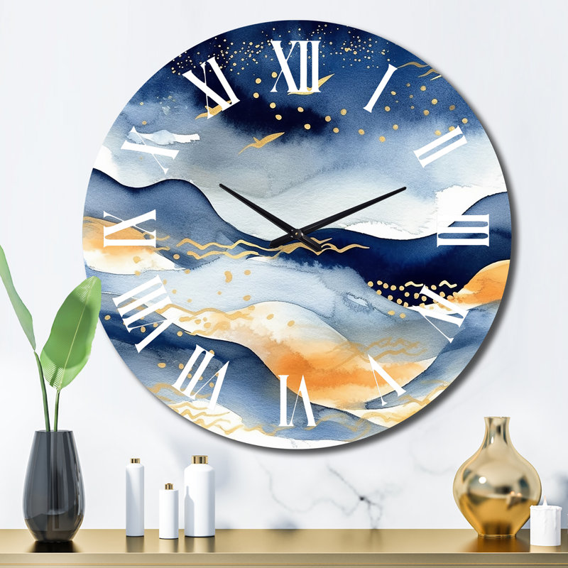 Horloge murale bleue foncé et dorée abstraite, Grand