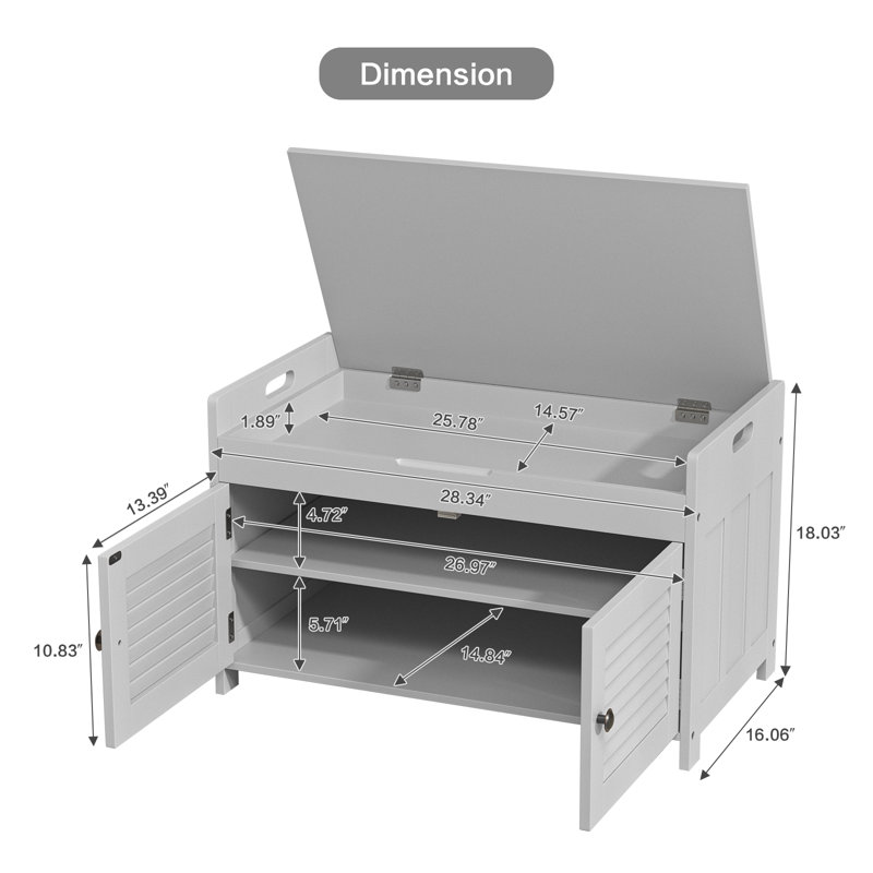 Banc de rangement de 28 po de largeur avec dessus rabattable Mira, gris