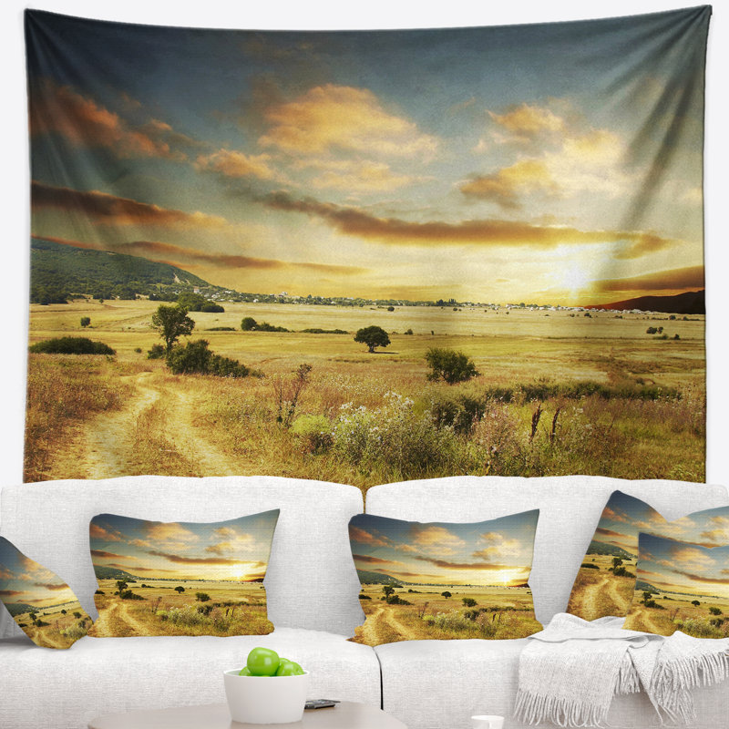 Tapisserie au coucher du soleil avec paysage africain, H 50 po x l 60 po