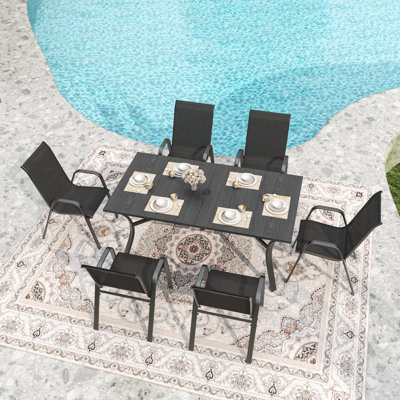 Ensemble de salle à manger 7 pièces pour patio, table rectangulaire en métal à grain de bois 63 po x 38 po avec trou pour parasol + 6 chaises ergonomiques (capacité de 350 lb), tissu textilène imperméable, structure en métal antirouille